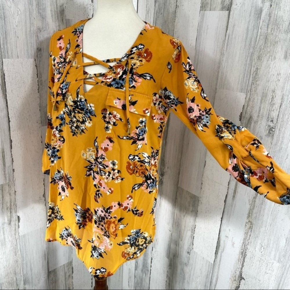 Live 4 Truth For Yellow Blouse Top Shirt Floral Long Sleeves Boho V Neck S